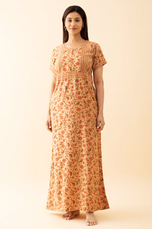 All Over Floral Printed Nighty With Geometric Motif Yoke Beige
