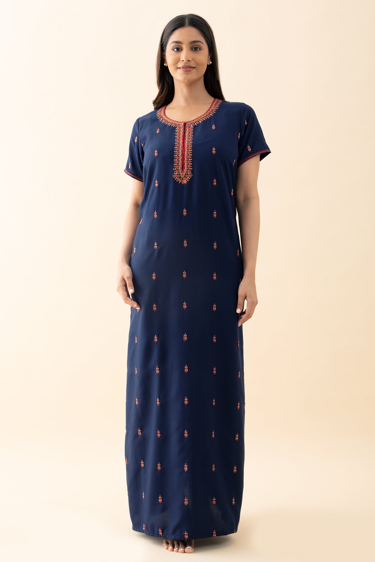 Floral Embroidered Nighty - Navy Blue