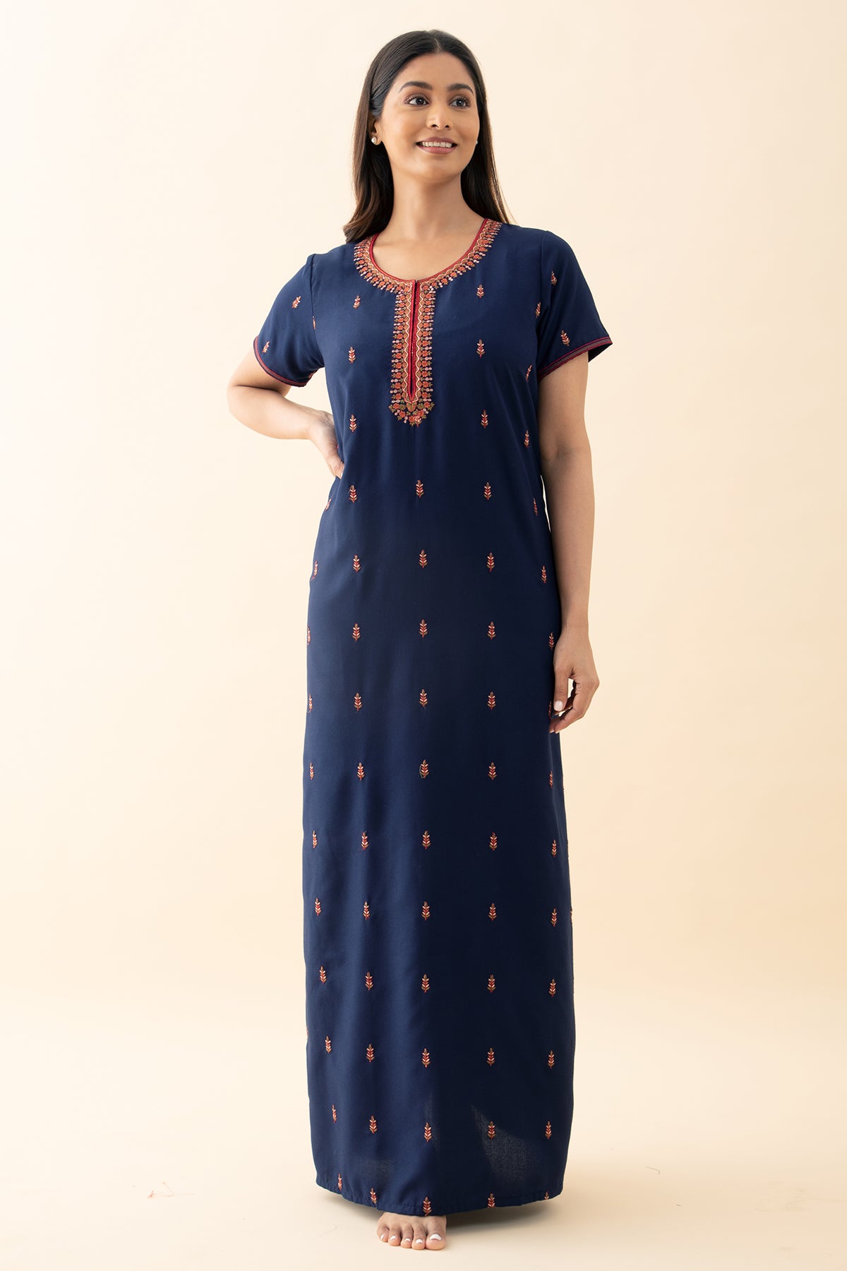 Floral Embroidered Nighty - Navy Blue