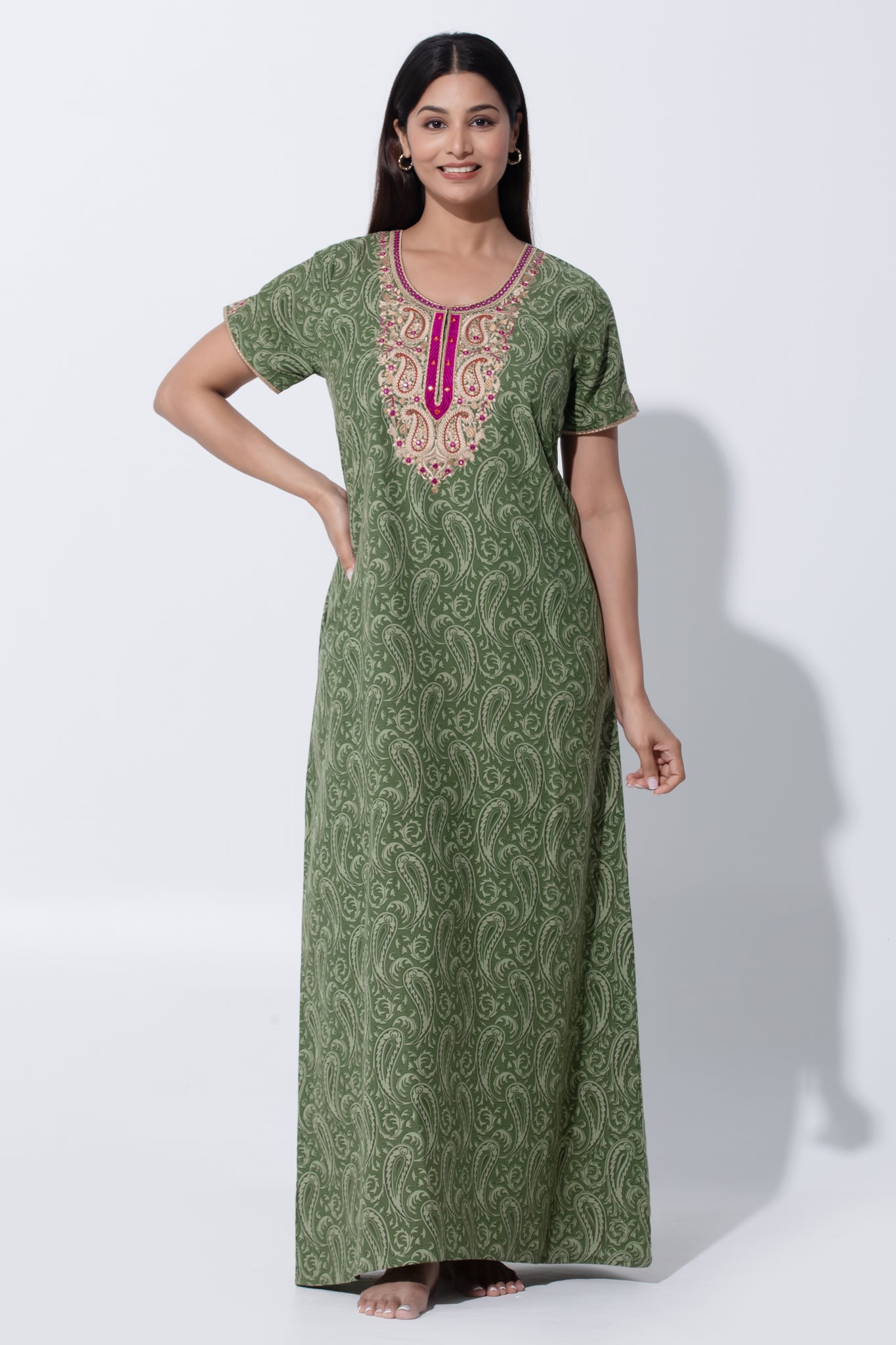 Olive Green Paisley Printed Nighty with Embroidered Yoke & Foil Mirror Work