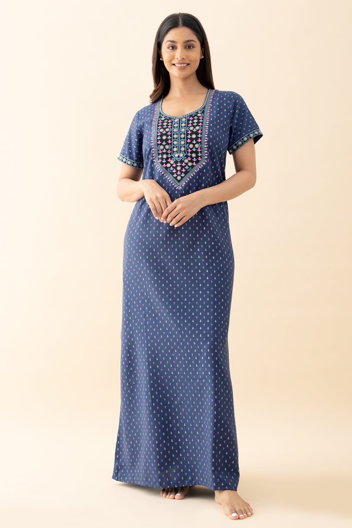 Ditsy Printed & Embroidered Nighty - Blue