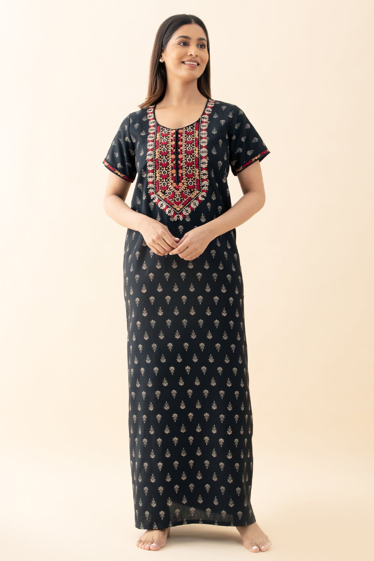 Contrast Floral Printed & Embroidered Nighty - Black