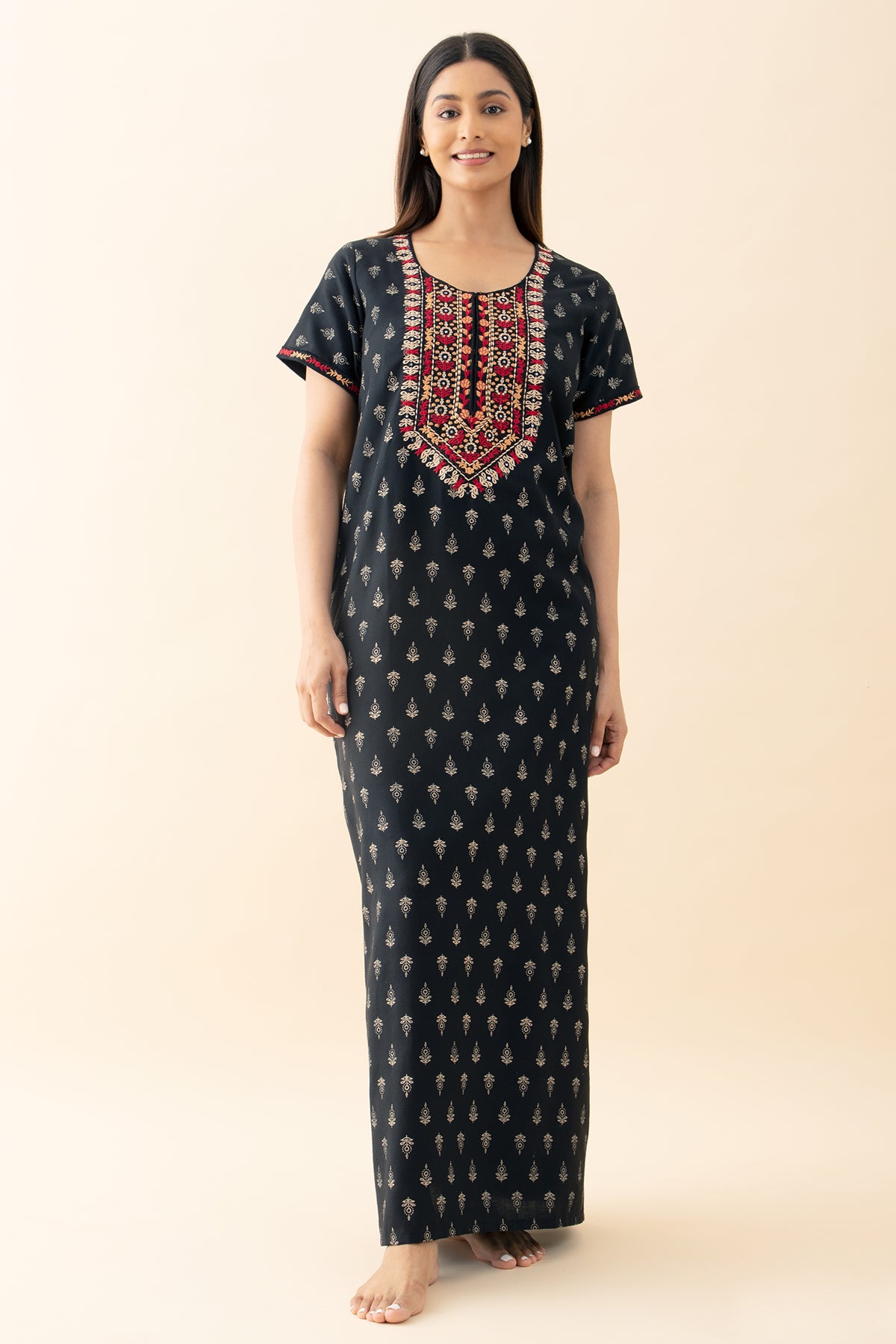 Contrast Floral Printed & Embroidered Nighty - Black