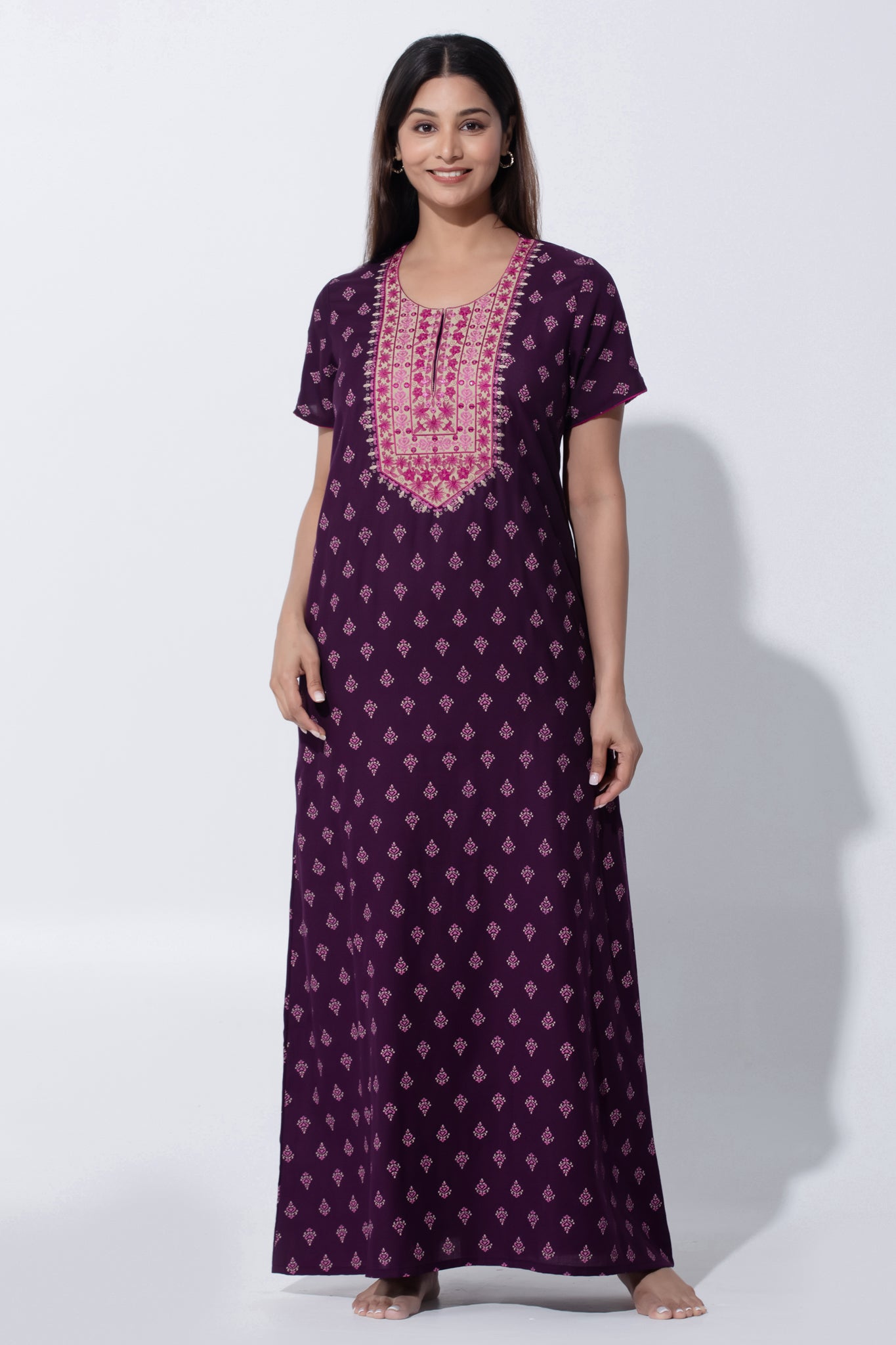 Wine Monochrome Motif Printed Nightwear with Embroidered Yoke