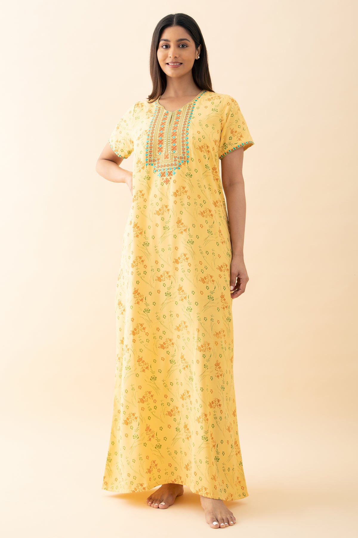 Gardenia Floral Printed & Embroidered Nighty - Yellow