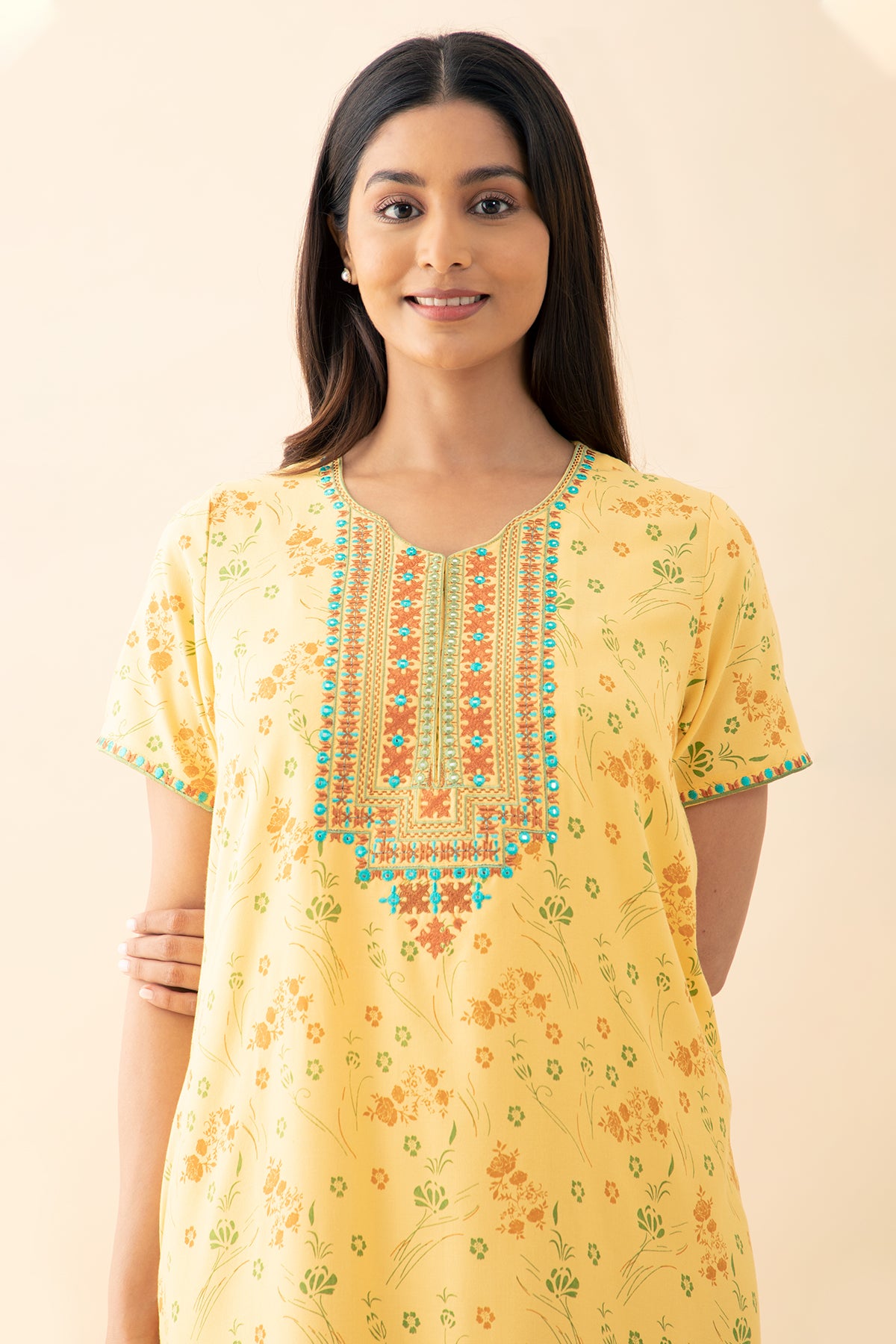 Gardenia Floral Printed & Embroidered Nighty - Yellow