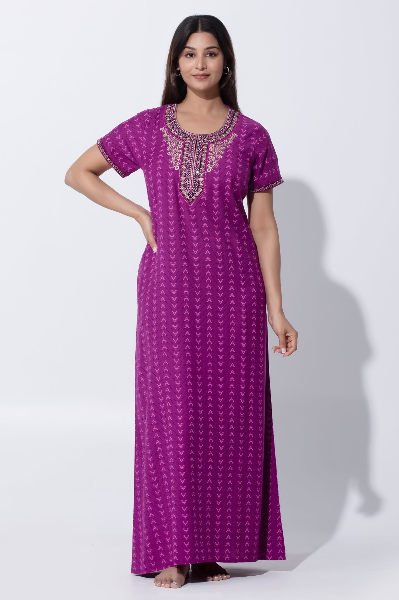 Magenta Dotted Chevron Printed  Nighty with Embroidered Yoke & Foil Mirror Work