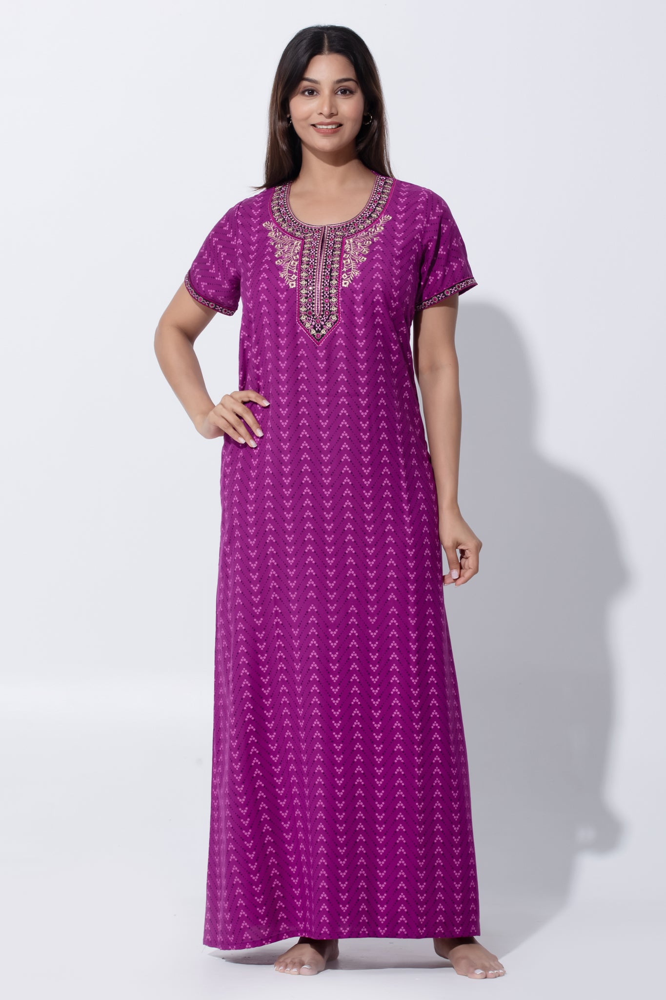 Magenta Dotted Chevron Printed  Nighty with Embroidered Yoke & Foil Mirror Work