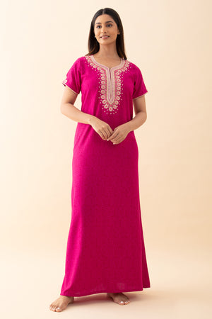 Monochrome Printed & Embroidered Nighty - Magenta