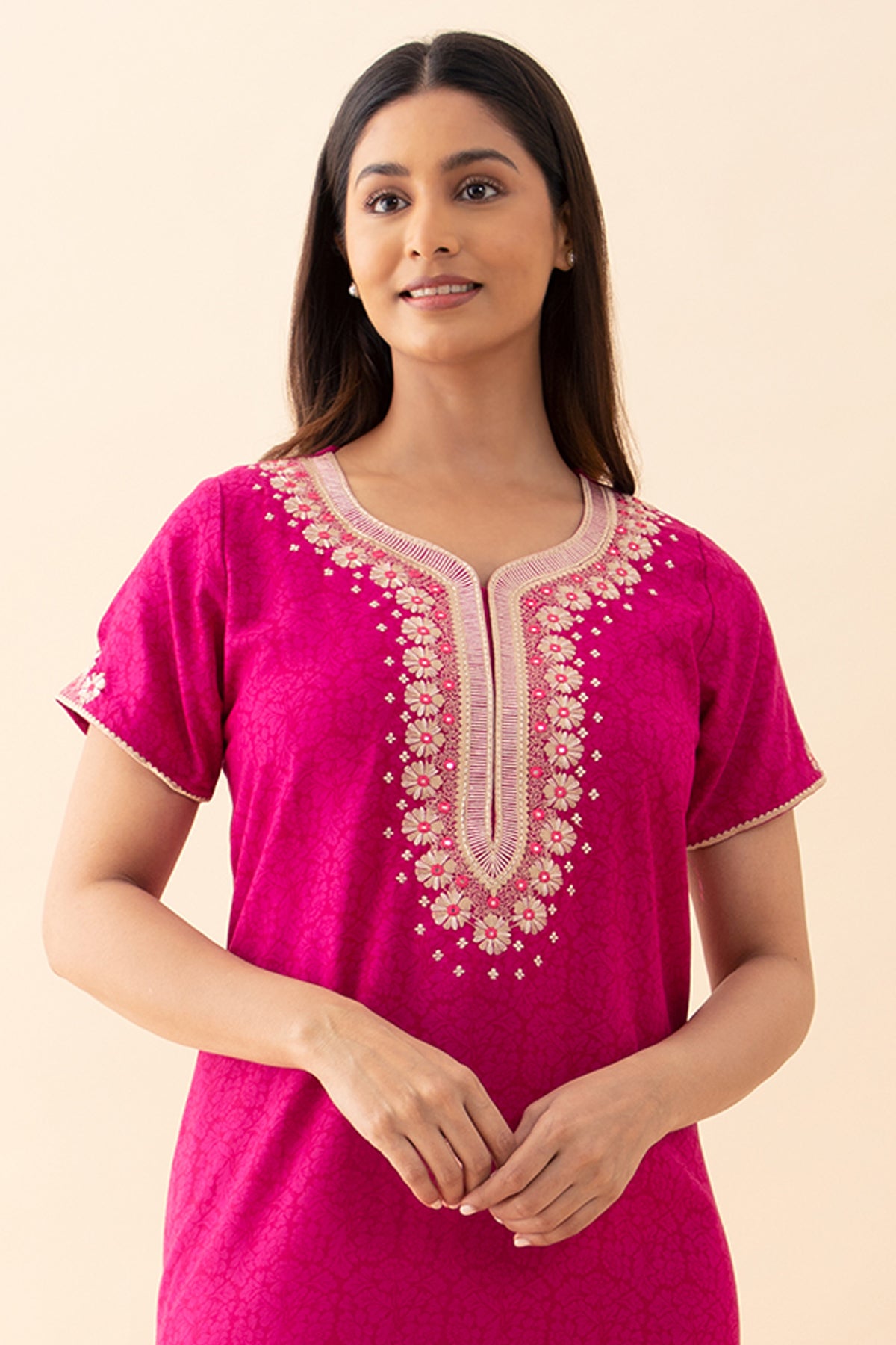 Monochrome Printed & Embroidered Nighty - Magenta