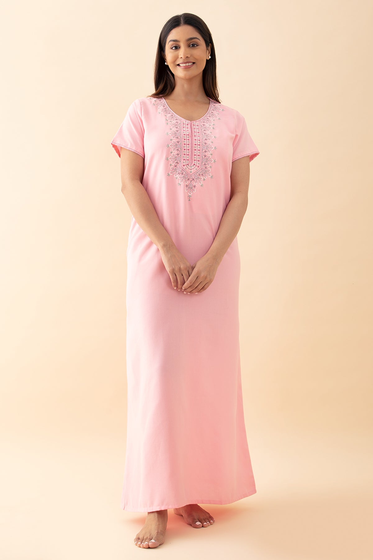 Ditsy Floral Embroidered Nighty - Pink