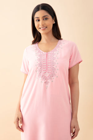 Ditsy Floral Embroidered Nighty - Pink