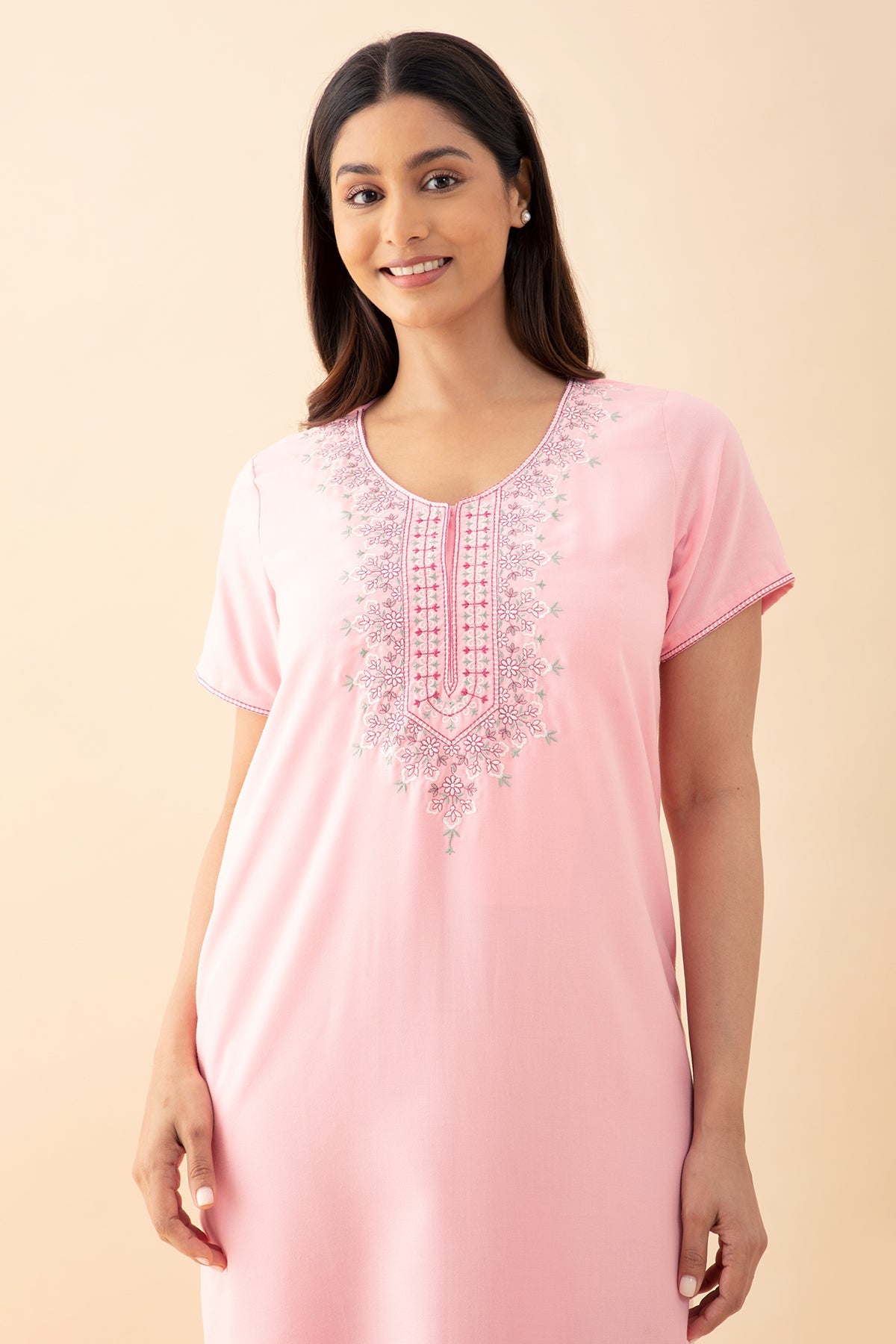 Ditsy Floral Embroidered Nighty - Pink