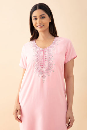 Ditsy Floral Embroidered Nighty - Pink