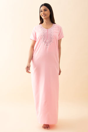 Ditsy Floral Embroidered Nighty - Pink