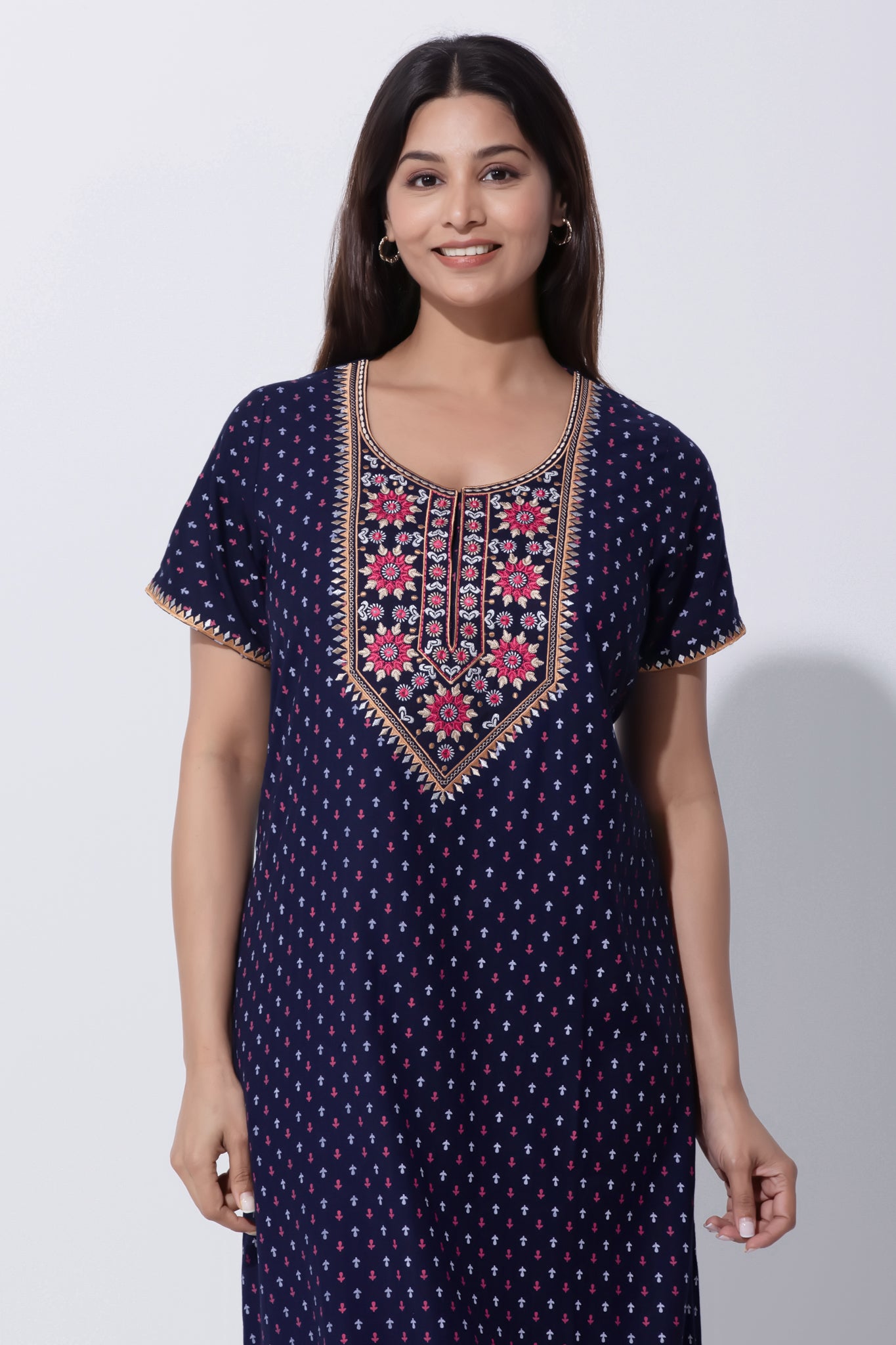 Blue Printed Nighty with Embroidery Detailing with Foil Mirror Work
