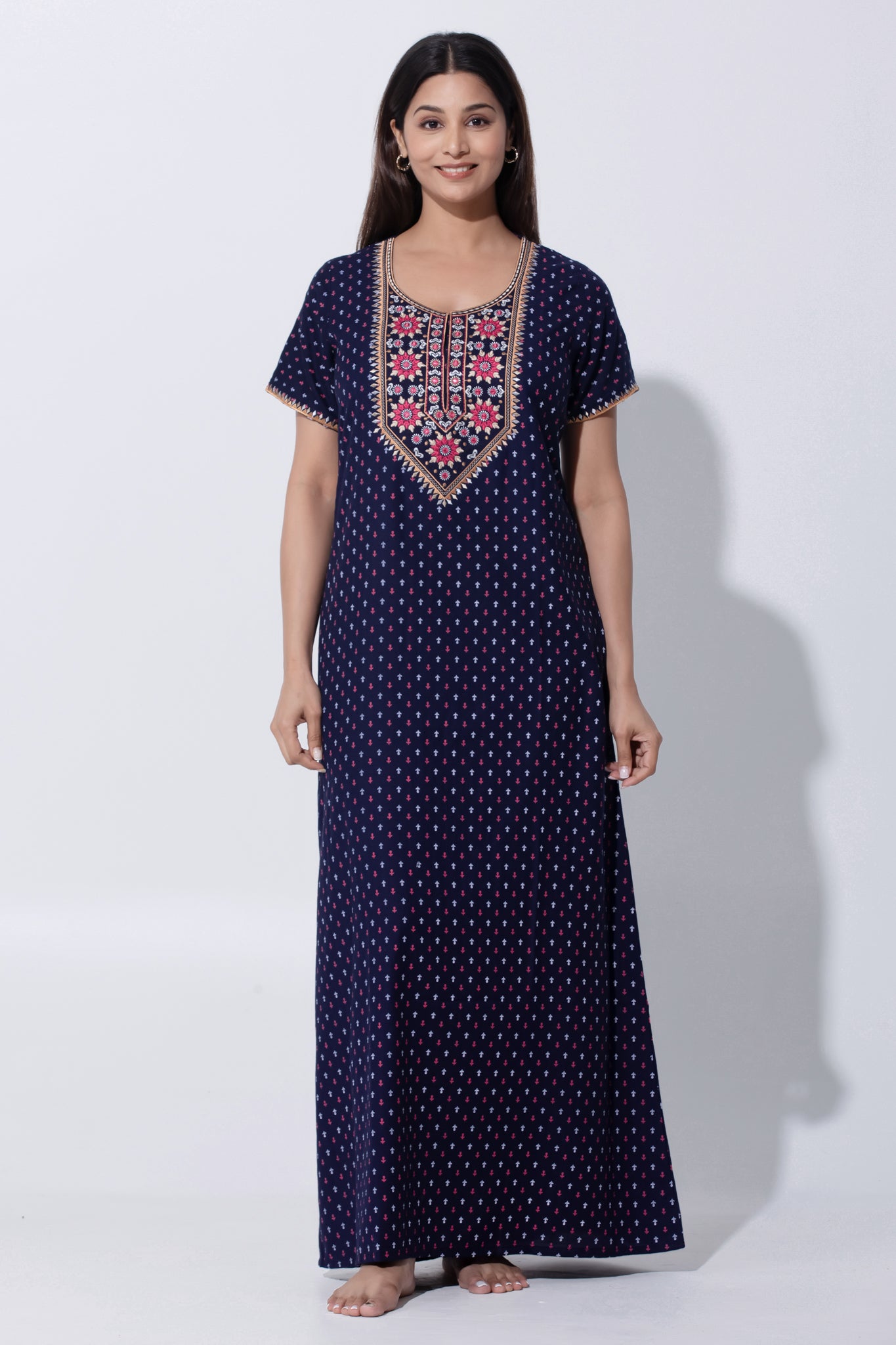 Blue Printed Nighty with Embroidery Detailing with Foil Mirror Work