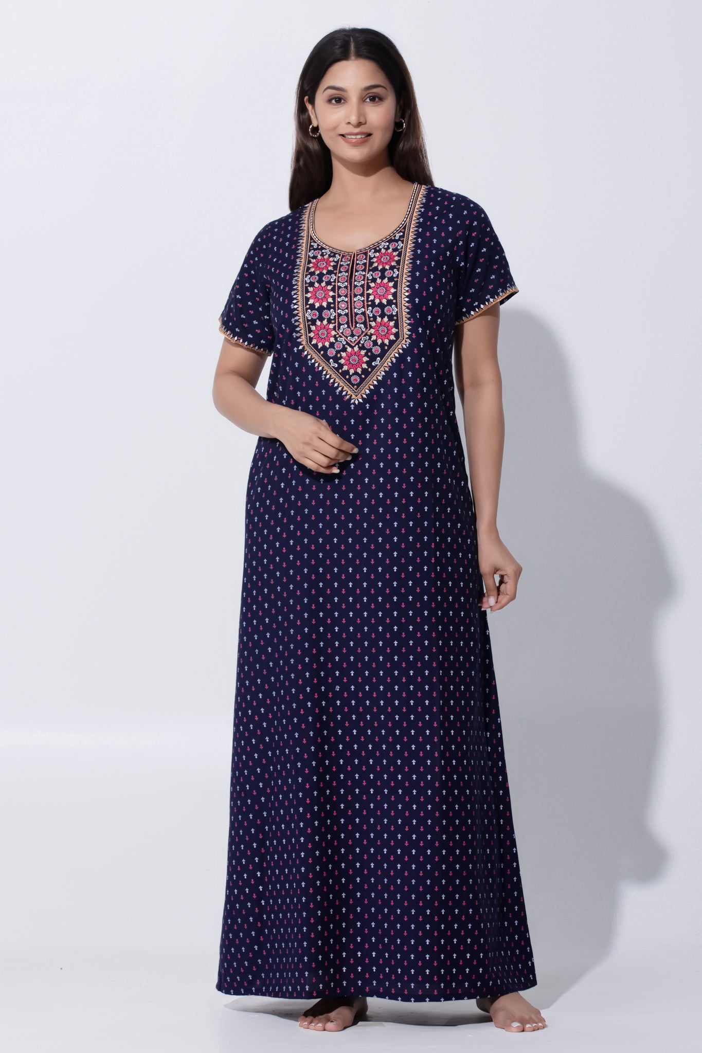 Blue Printed Nighty with Embroidery Detailing with Foil Mirror Work