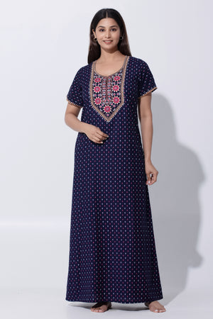 Blue Printed Nighty with Embroidery Detailing with Foil Mirror Work
