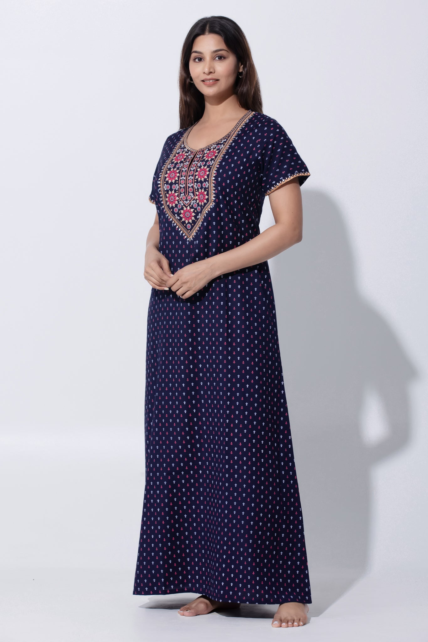 Blue Printed Nighty with Embroidery Detailing with Foil Mirror Work