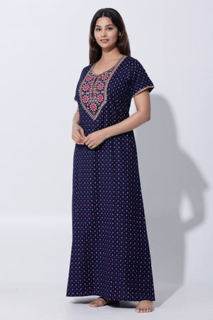 Blue Printed Nighty with Embroidery Detailing with Foil Mirror Work
