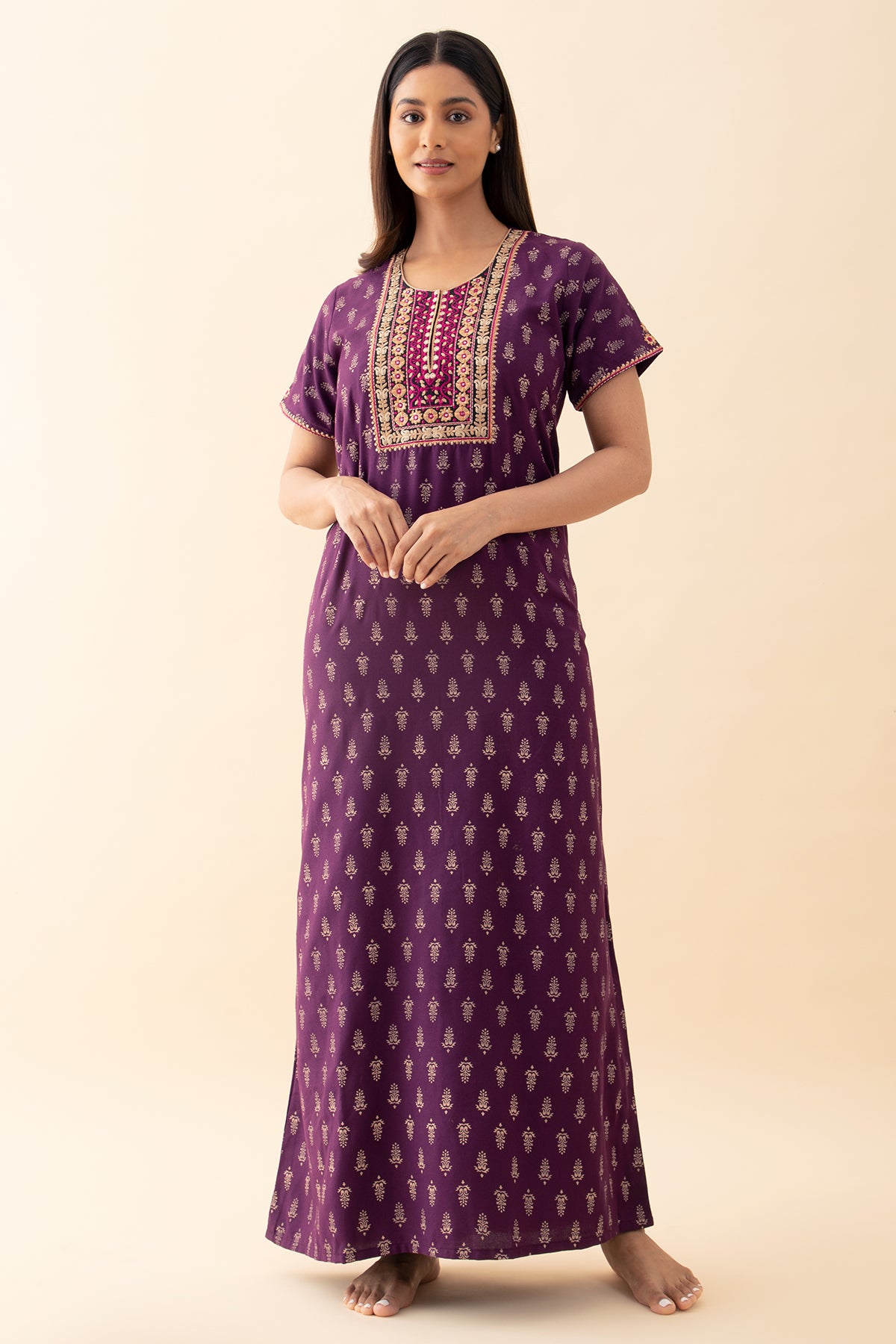 Paisley Printed & Embroidered Nighty - Purple