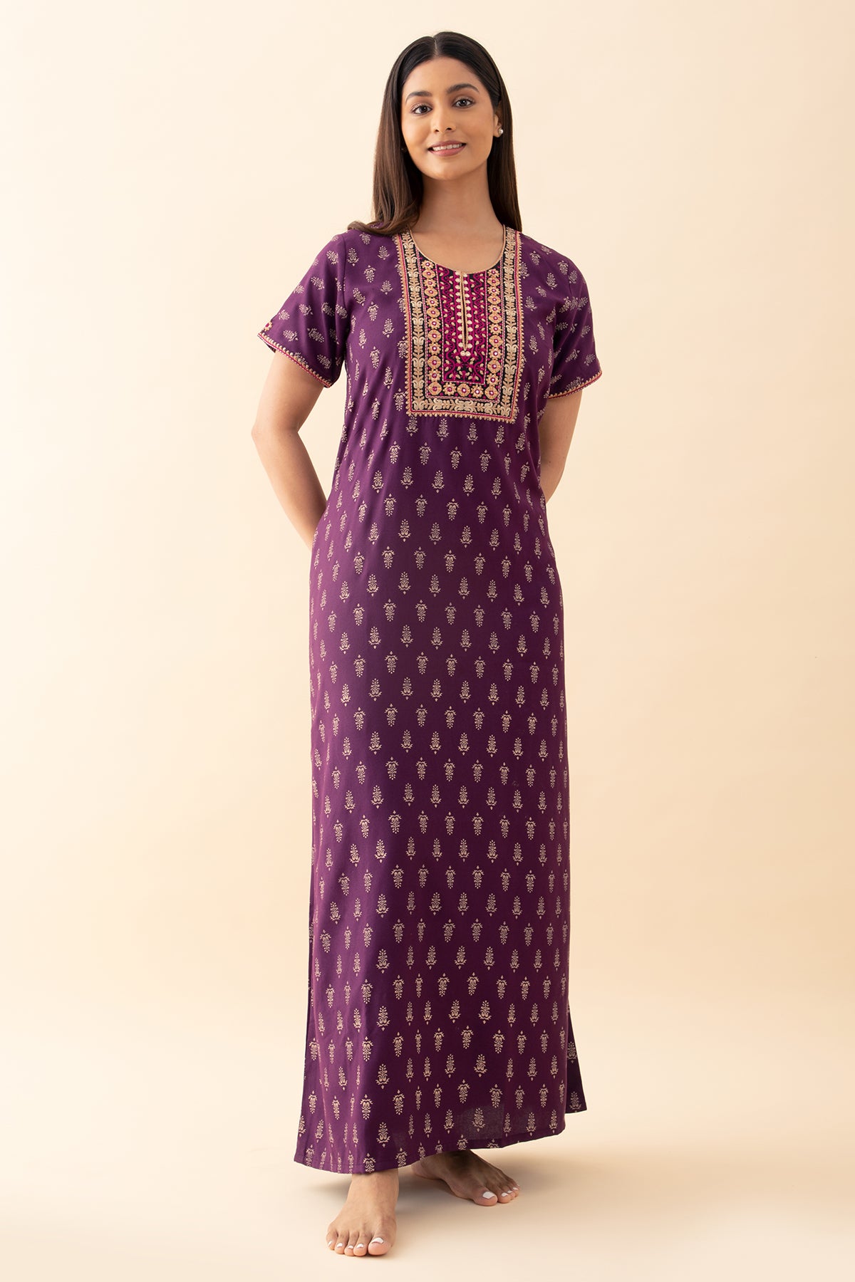 Paisley Printed & Embroidered Nighty - Purple