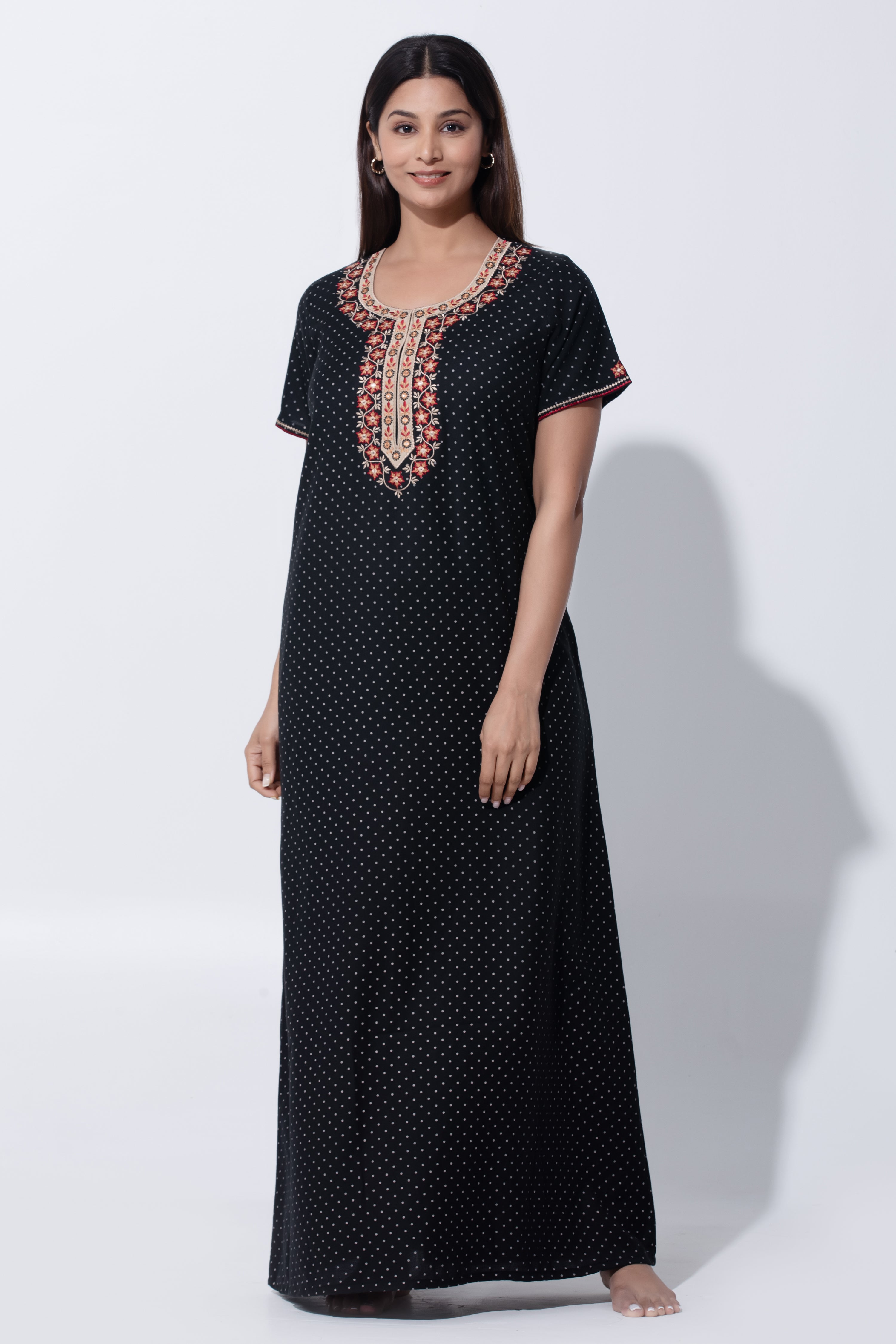 Black Printed Nighty with Embroidery Detailing with Foil Mirror Work