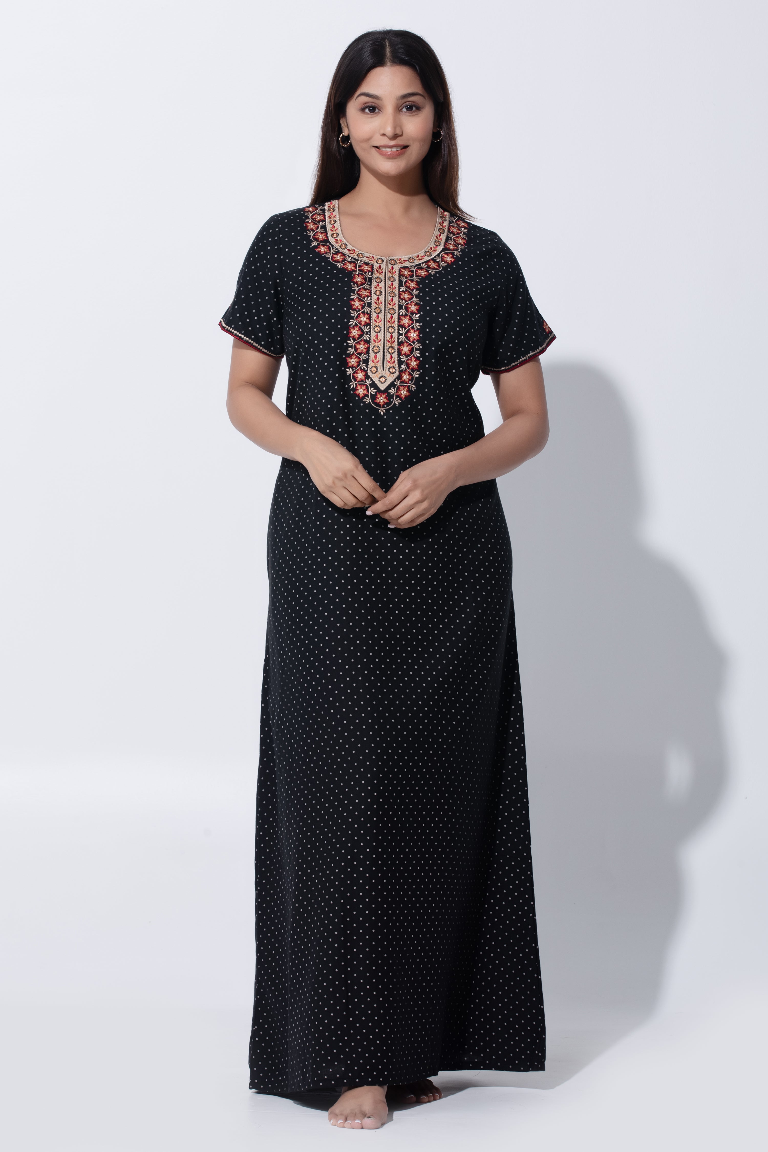 Black Printed Nighty with Embroidery Detailing with Foil Mirror Work