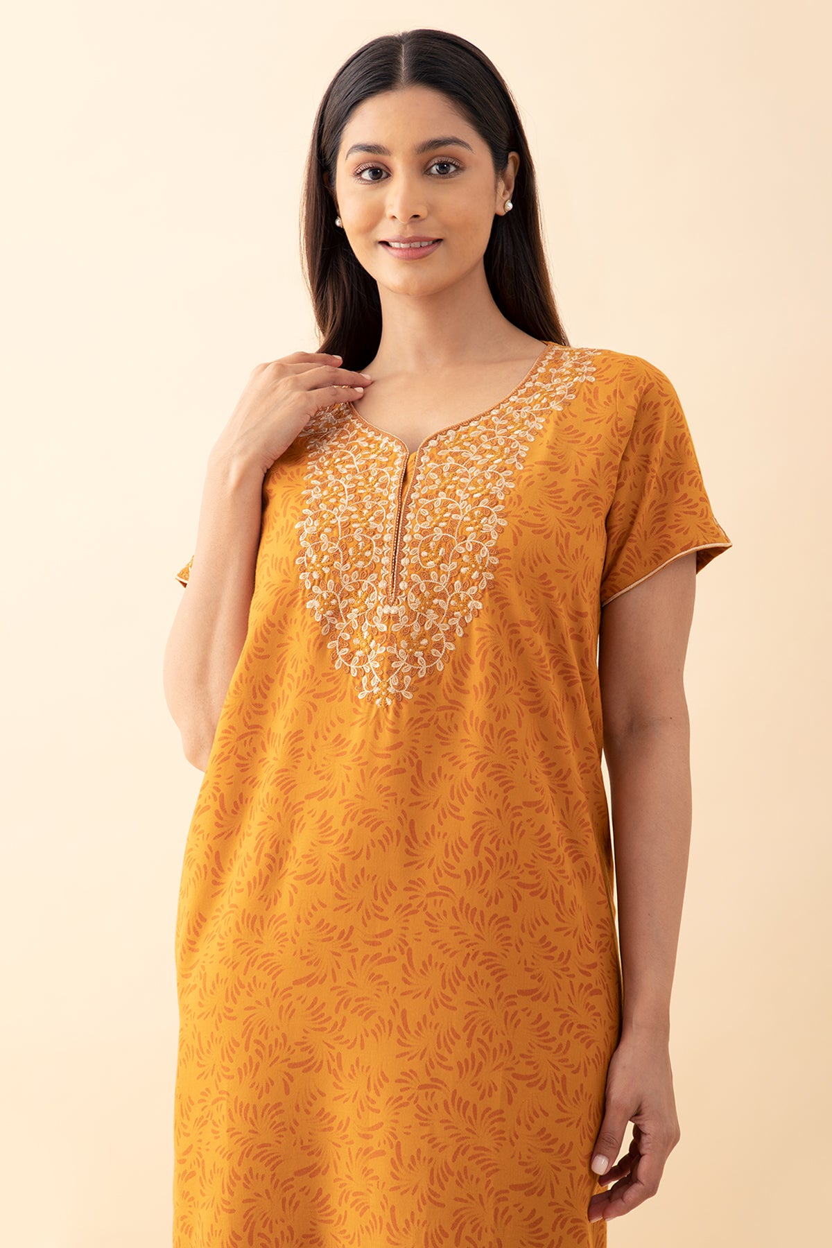 Ditsy Floral Embroidered Nighty - Mustard