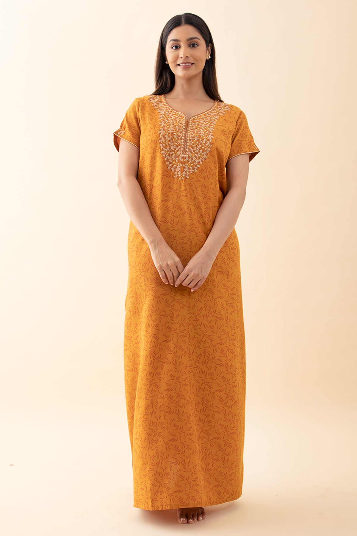 Ditsy Floral Embroidered Nighty - Mustard