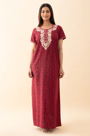 Damask Floral Embroidered Nighty - Red