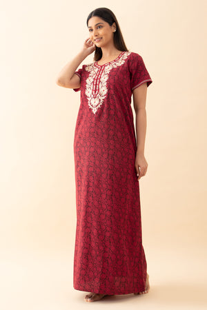 Damask Floral Embroidered Nighty - Red