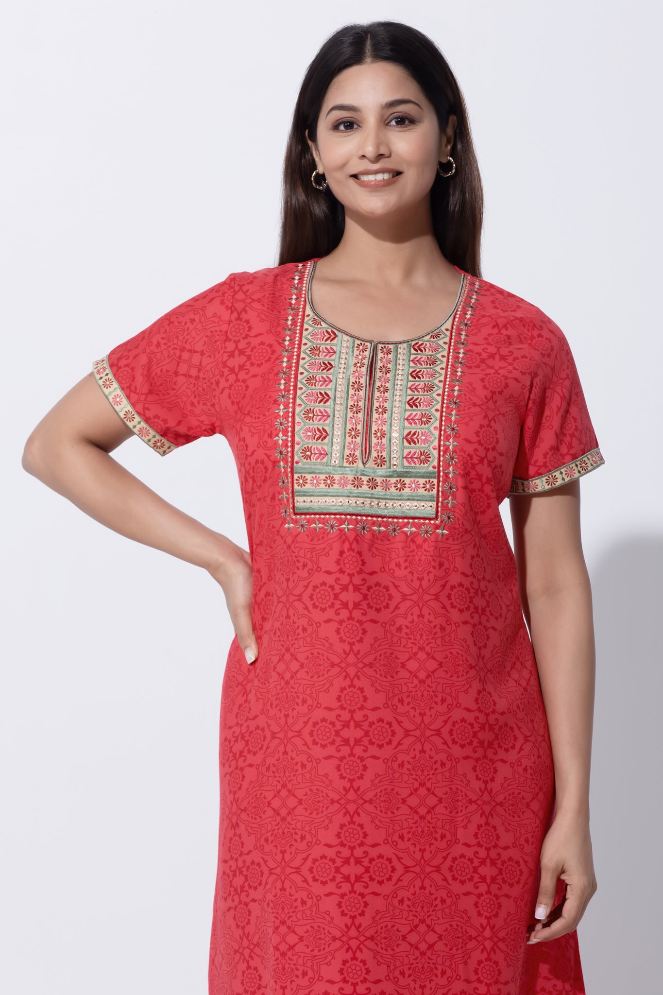 Amaranth Red Floral Printed Polycotton Nightwear