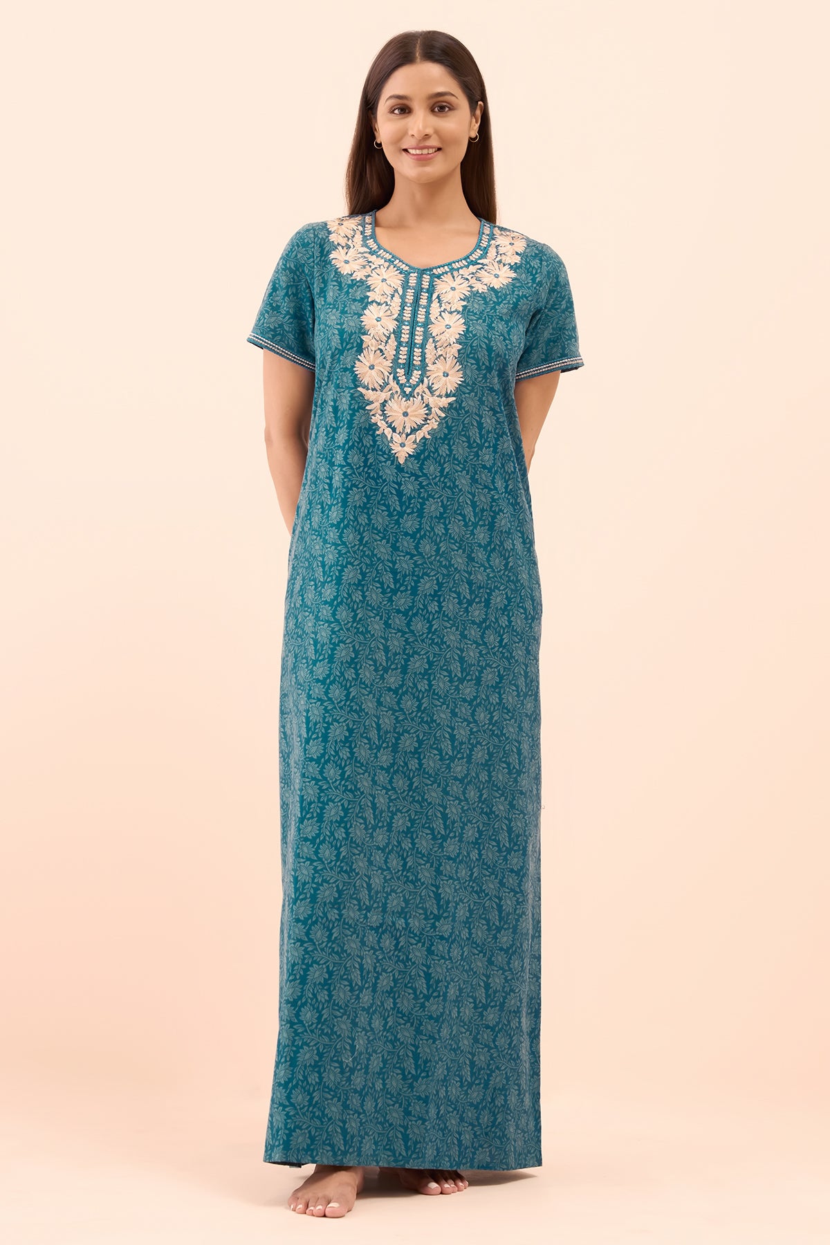 Floral Printed & Embroidered Nighty - Turquoise