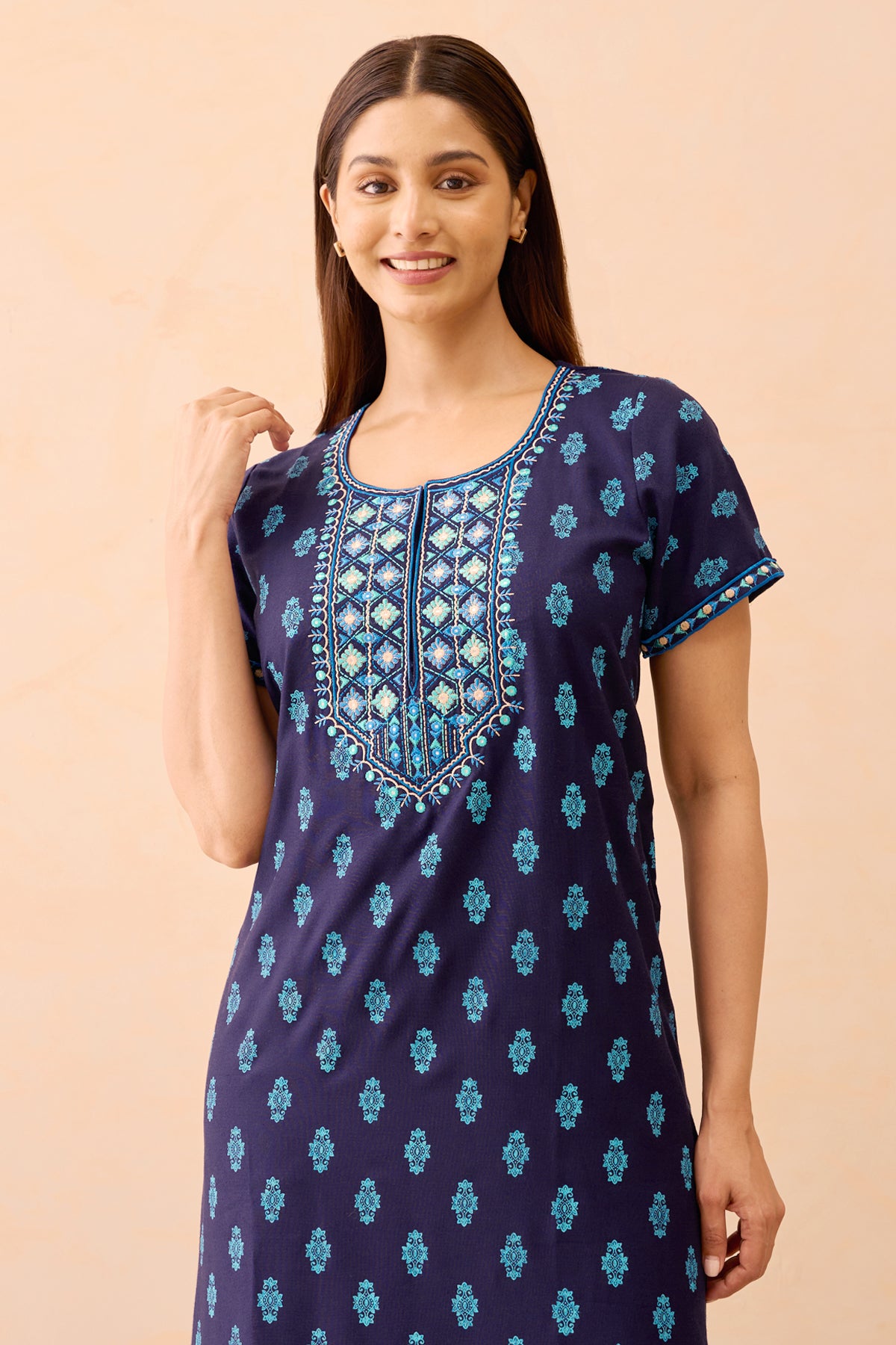 Floral Printed & Embroidered Nighty - Navy