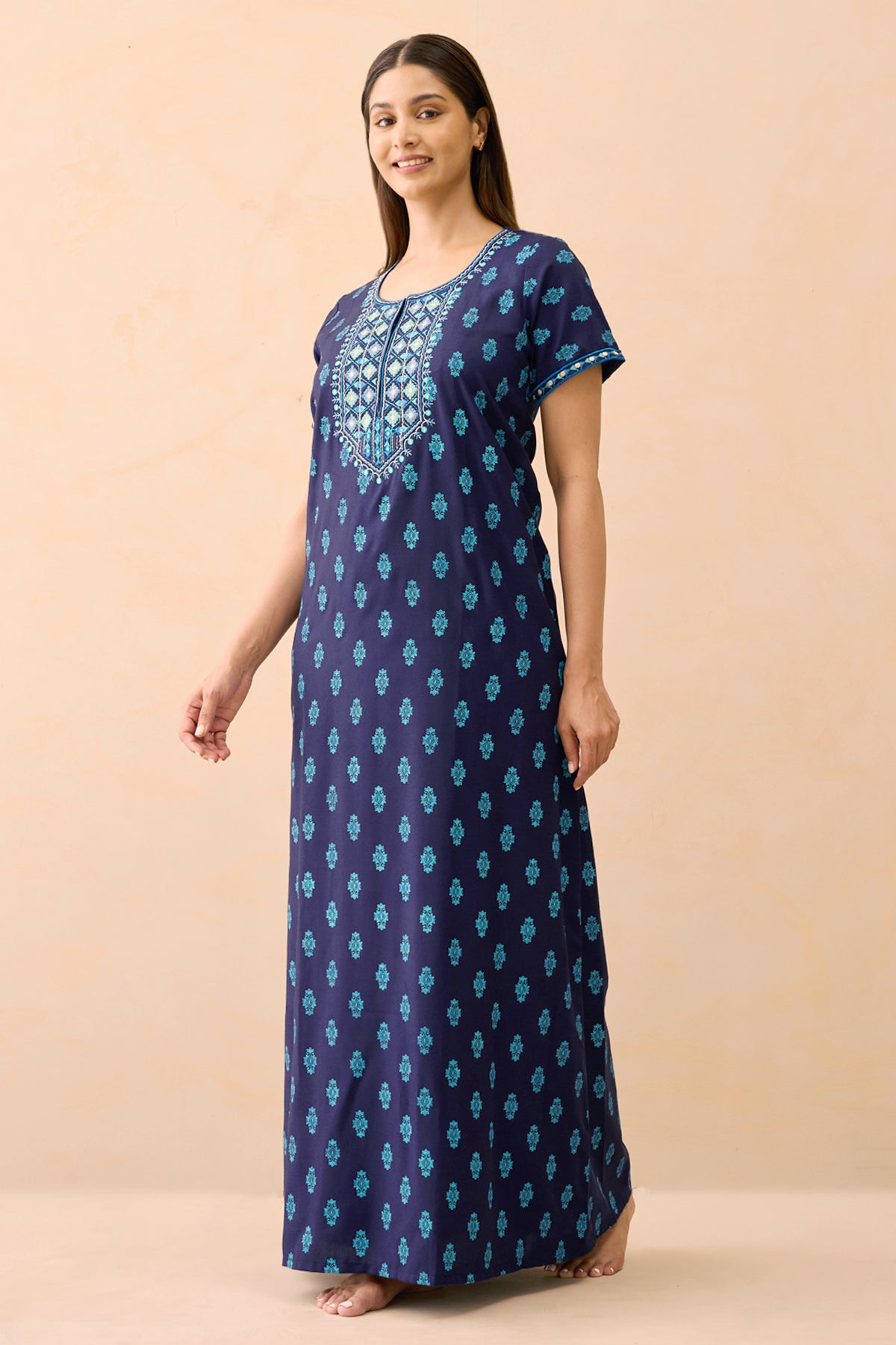 Floral Printed & Embroidered Nighty - Navy