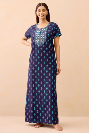 Floral Printed & Embroidered Nighty - Navy