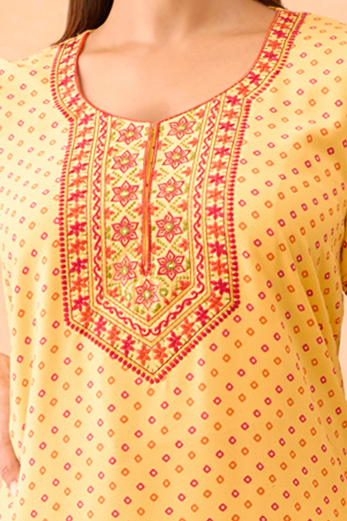 Bandhani Printed & Embroidered Nighty - Yellow