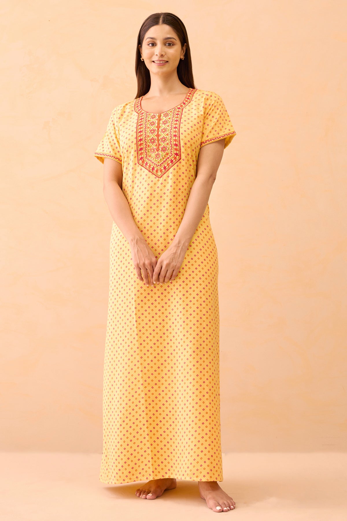 Bandhani Printed & Embroidered Nighty - Yellow