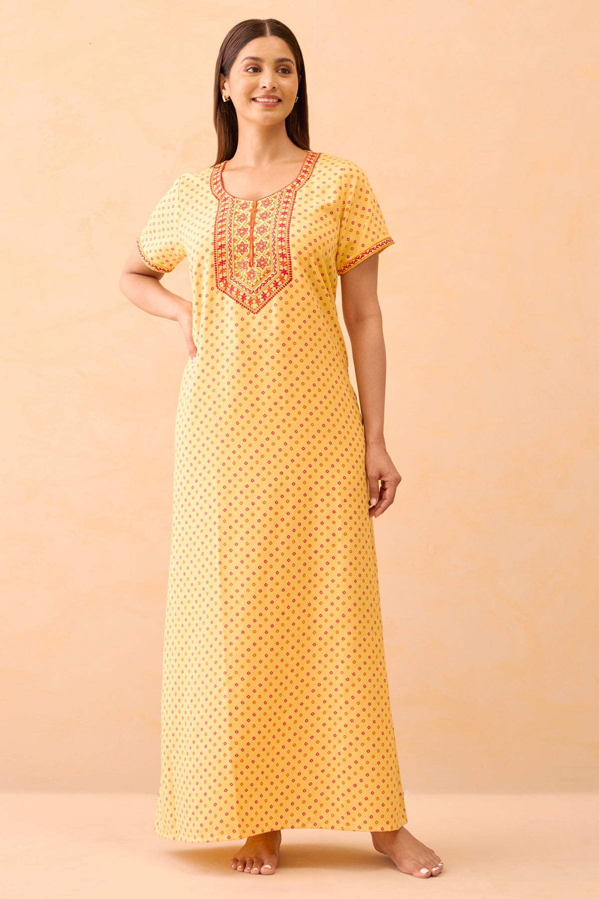 Bandhani Printed & Embroidered Nighty - Yellow