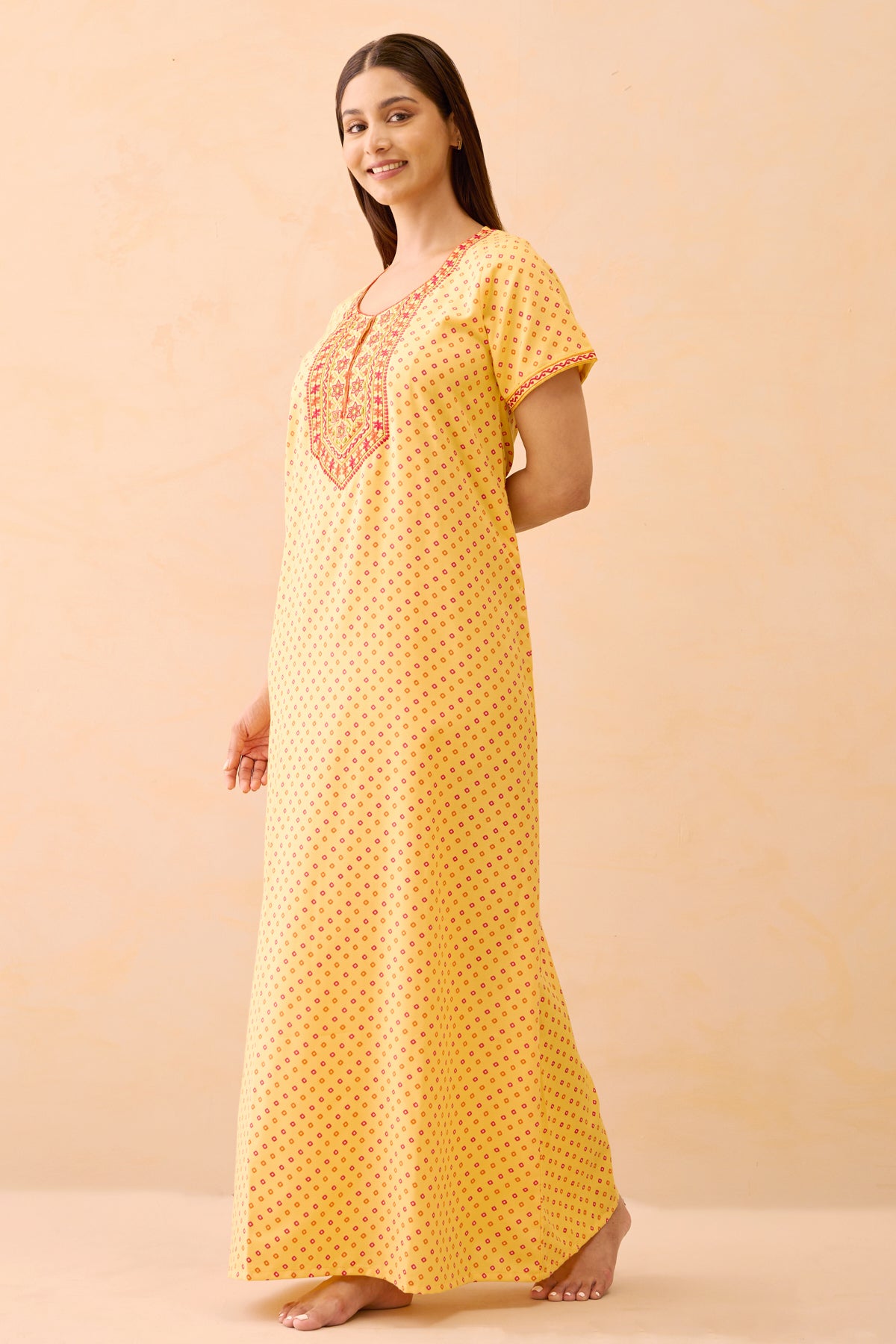 Bandhani Printed & Embroidered Nighty - Yellow