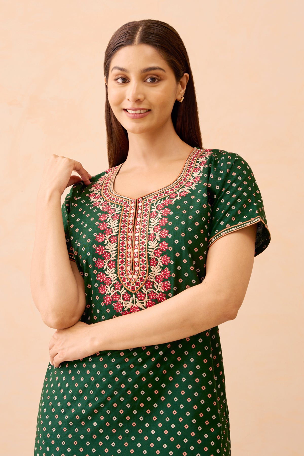 Bandhani Printed & Embroidered Nighty - Green