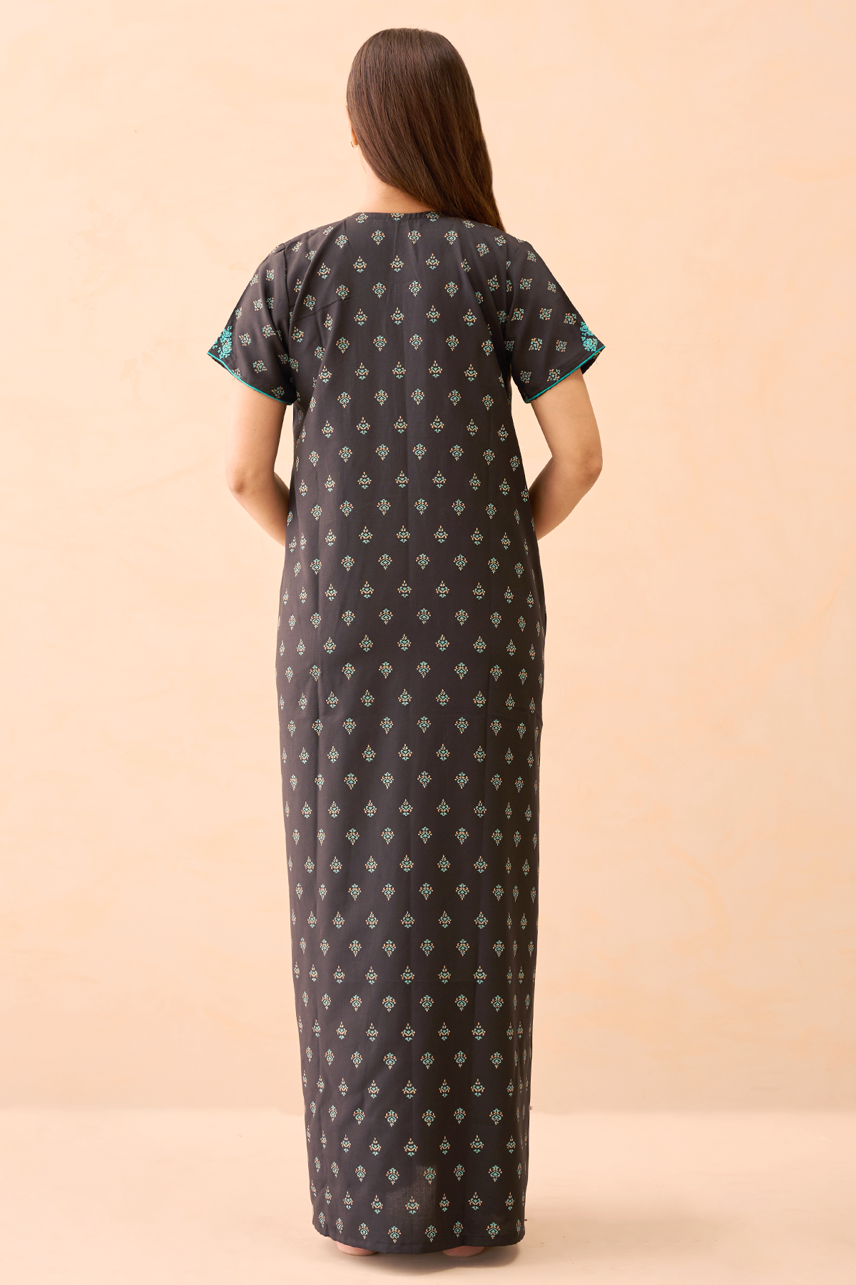 Ditsy Printed & Embroidered Nighty - Black