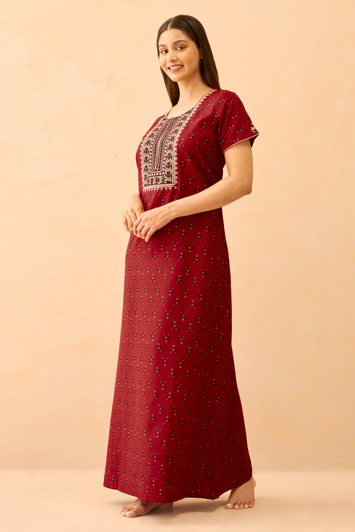 Floral Printed & Embroidered Nighty - Maroon