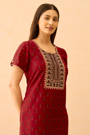 Floral Printed & Embroidered Nighty - Maroon