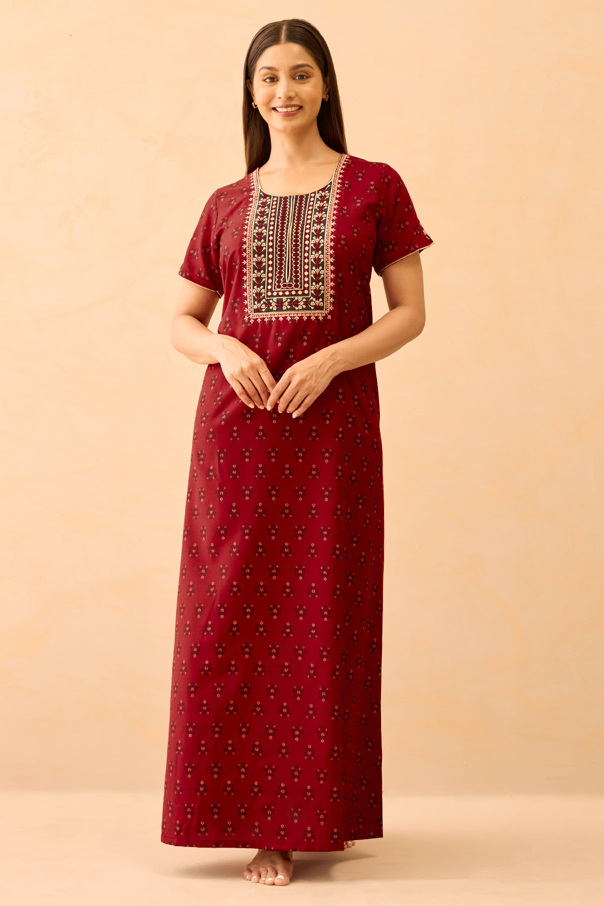 Floral Printed & Embroidered Nighty - Maroon