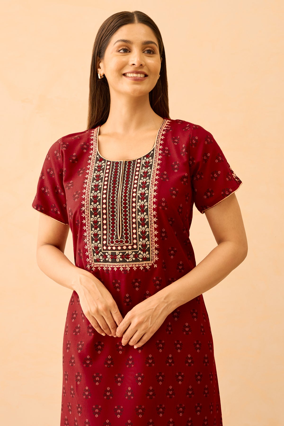 Floral Printed & Embroidered Nighty - Maroon