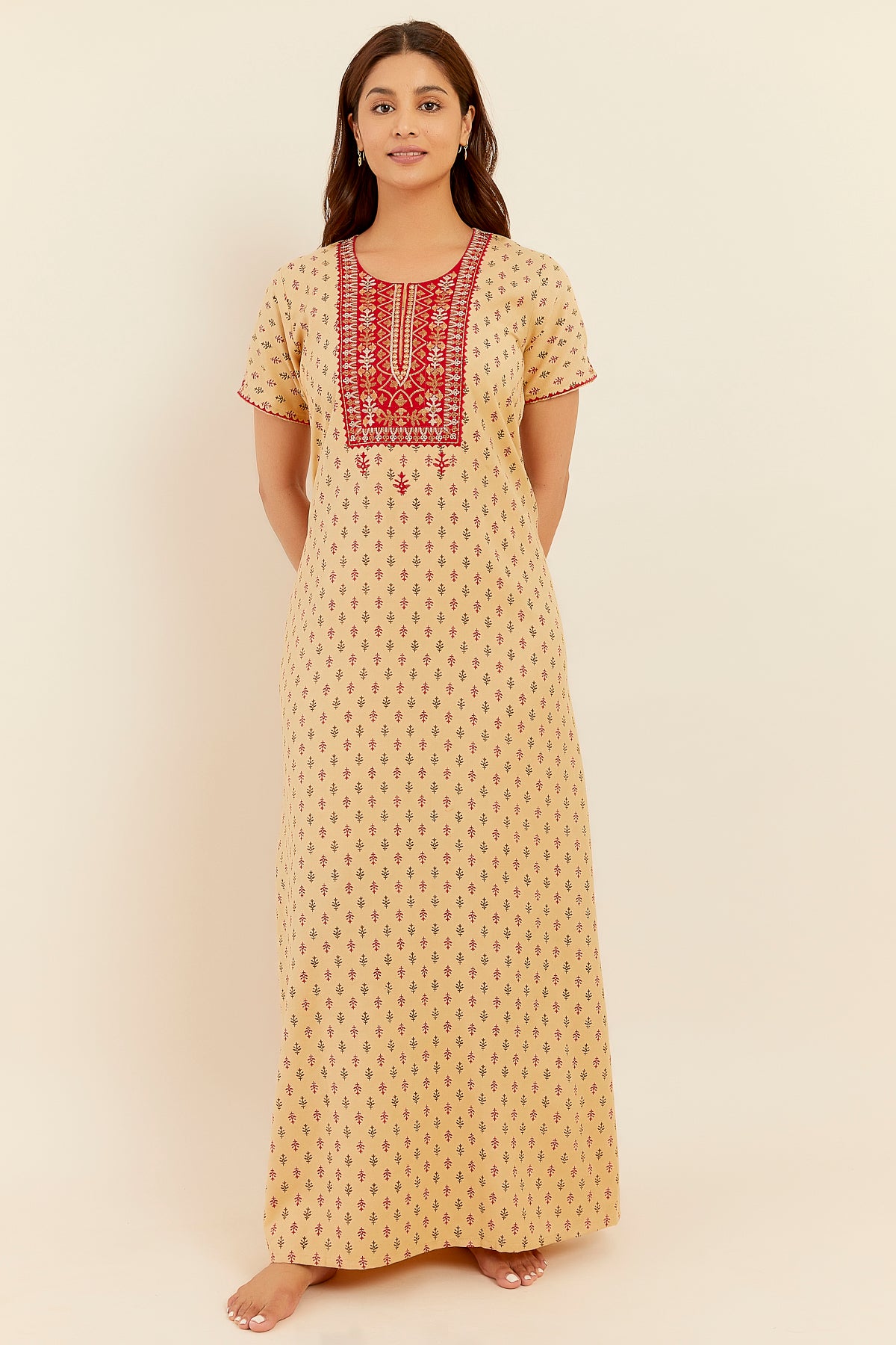 Floral Embroidered With Mirror Embellished Yoke With Printed Nighty Mustard
