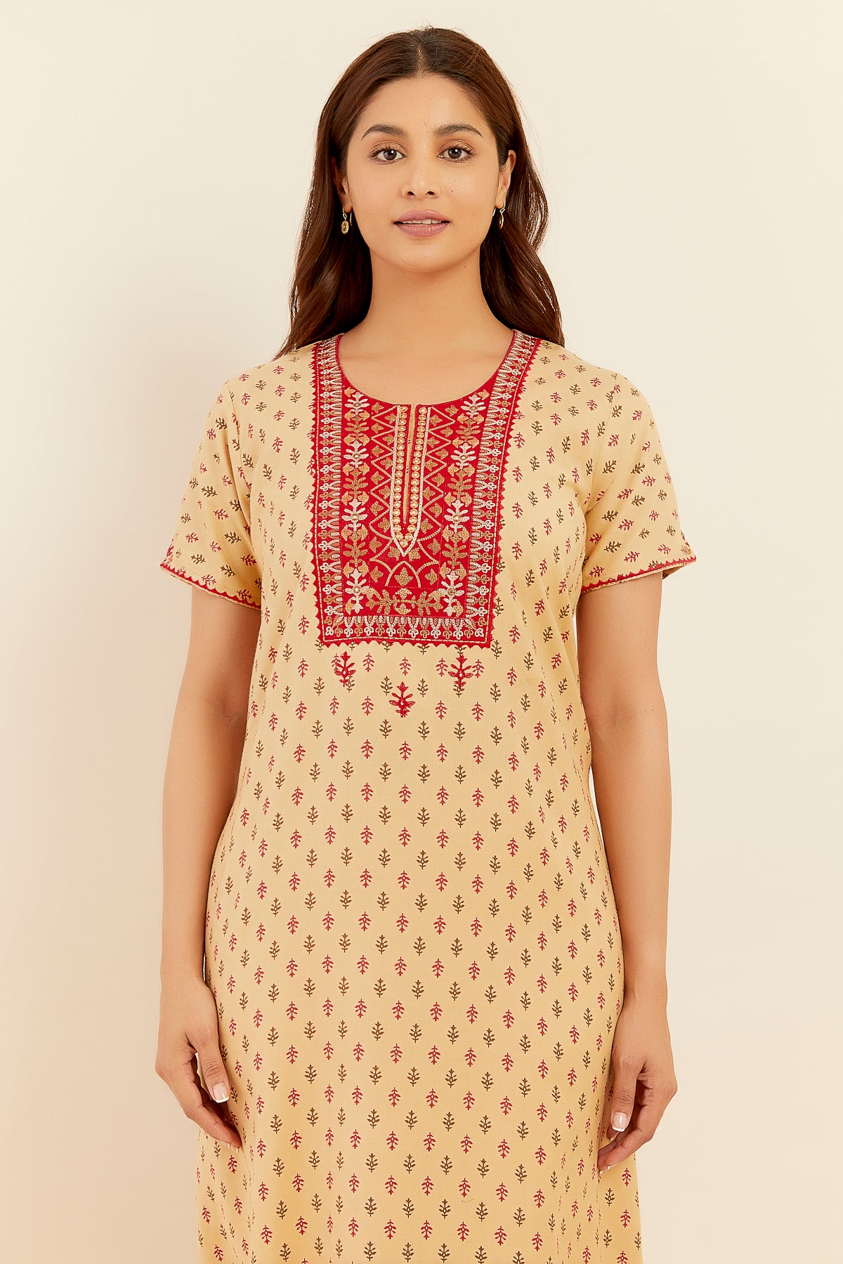 Floral Embroidered With Mirror Embellished Yoke With Printed Nighty Mustard
